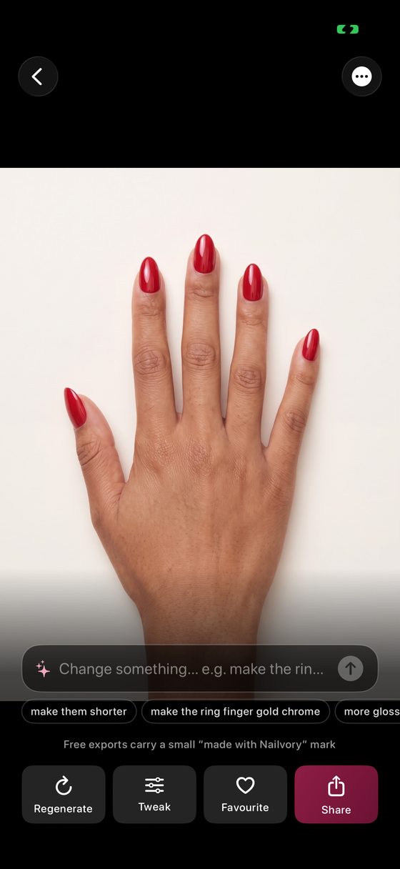 Nailvory result: cherry red almond nails with a chat bar to change the design